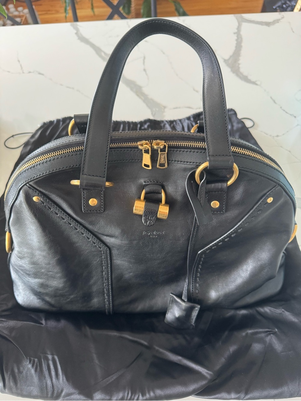 Yves Saint Laurent Black Leather Tote with Gold Hardware